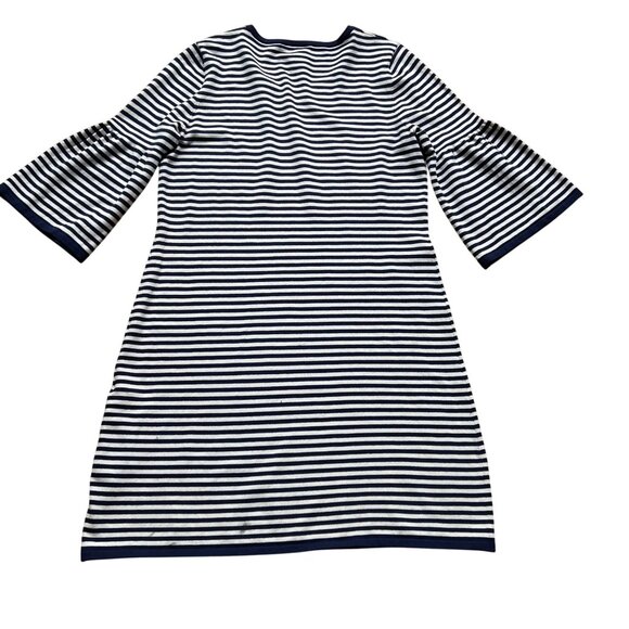 Sail To Sable Size L Navy & White Striped 3/4 Bell Sleeve Nautical Mini Dress - Picture 3 of 13